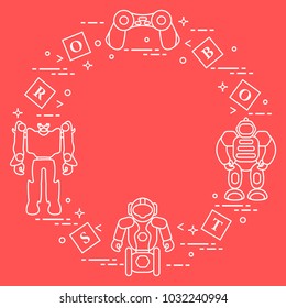 Toys for children: robots, remote control, cubes. Design for banner, poster or print.
