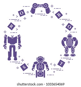 Toys for children: robots, remote control, cubes. Design for banner, poster or print.
