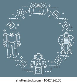 Toys for children: robots, remote control, cubes. Design for banner, poster or print.