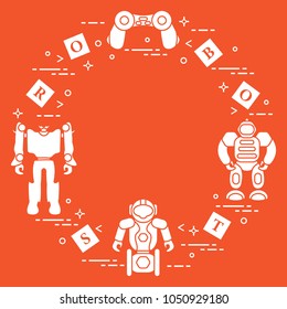 Toys for children: robots, remote control, cubes. Design for banner, poster or print.