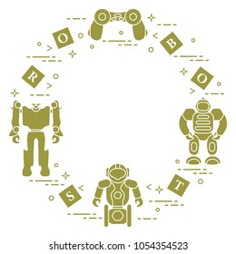 Toys for children: robots, remote control, cubes. Design for banner, poster or print.