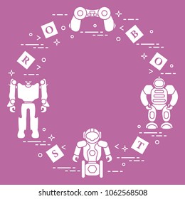 Toys for children: robots, remote control, cubes. Design for banner, poster or print.