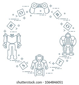 Toys for children: robots, remote control, cubes. Design for banner, poster or print.