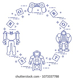 Toys for children: robots, remote control, cubes. Design for banner, poster or print.