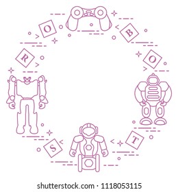 Toys for children: robots, remote control, cubes. Design for banner, poster or print.