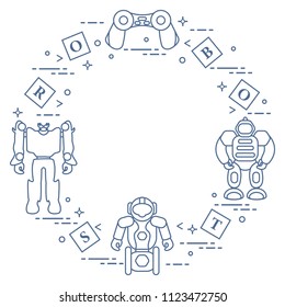 Toys for children: robots, remote control, cubes. Design for banner, poster or print.