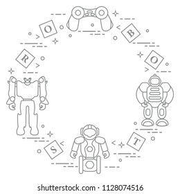 Toys for children: robots, remote control, cubes. Design for banner, poster or print.