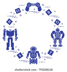 Toys for children: robots, remote control, cubes. Design for banner, poster or print.