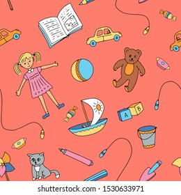 Toys for children seamless pattern. Vector cartoon outline illustrations.