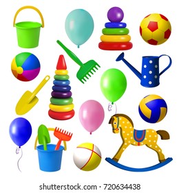 Toys for children. Set toys for sandbox, rocking horse, various balls and balloons. Isolated objects on white background. Vector illustration.