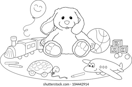Toys for children: teddy bear, little train, airplane, cubes, balls, pencils and a fake turtle. Coloring illustration.