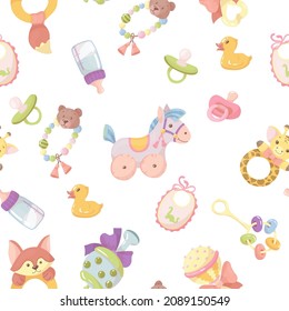Toys and children's things. Clothes for newborns, rattle, body clothes. Cute seamless pattern of pastel colors. Vector illustration.