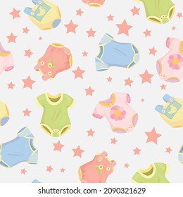 Toys and children's things. Clothes for newborns, rattle, body clothes. Cute seamless pattern of pastel colors. Vector illustration.