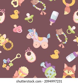 Toys and children's things. Clothes for newborns, rattle, body clothes. Cute seamless pattern of pastel colors. Vector illustration.