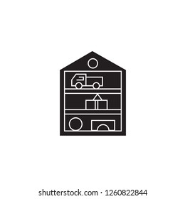 Toys closet black vector concept icon. Toys closet flat illustration, sign