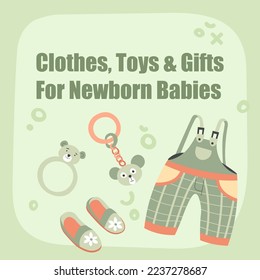 Toys and clothes, gifts and presents for newborn babies. Shop or store for parents, slippers and jumpsuit, rattles and playthings for developing imagination. Promotional banner. Vector in flat style