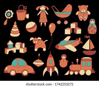 Toys collection isolated on dark background. Set of colorful toys for kids. Vector hand drawn illustration.