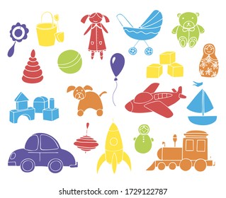 Toys collection isolated on white background. Set of colorful toys for kids. Vector silhouette illustration.