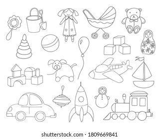 Toys collection isolated on white background. Set of toys for kids. Vector hand drawn illustration