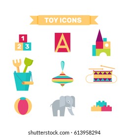 Toys collection isolated on white background. Including drum, ball,  elephant, cubes toys. Modern flat style vector illustration