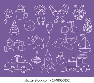 Toys collection isolated. Set of toys for kids. Vector hand drawn illustration.