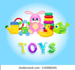 Toys collection isolated vector baby shower poster, children playthings, fish duck and rabbit with long ears, frog and watering, pyramid constructor