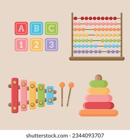 Toys collection vector. Kids toys. Cubes, building blocks, xylophone, pyramid and math educational game equipment. Toys set. Children's room. Playthings. Kindergarten.