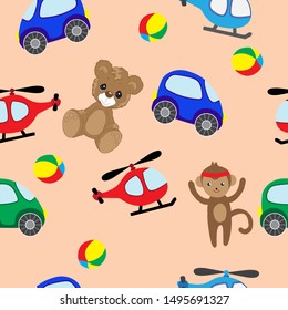  toys. Colorful seamless background of Teddy bears and monkeys, cars and helicopters for girls and boys. It can be used for baby textiles, wrapping paper and baby room decoration.