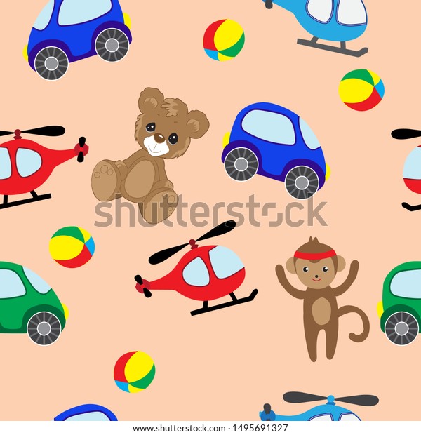 toys.\
Colorful seamless background of Teddy bears and monkeys, cars and\
helicopters for girls and boys. It can be used for baby textiles,\
wrapping paper and baby room\
decoration.