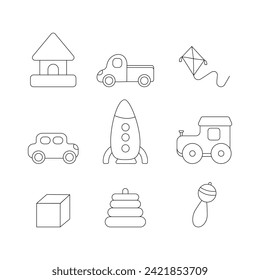 toys for  cube house rattle bright children's day toys cars train wagon spaceship children's day kindergarten doodle line coloring . Vector illustration