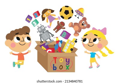 Toys  and cute kids coming out of a toy box