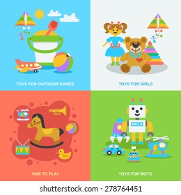 Toys design concept set with boys and girls games flat icons isolated vector illustration