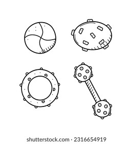 Toys for dogs puller ball disc. Vector illustration of training toys for pets. Accessories pet store, dog kennel.