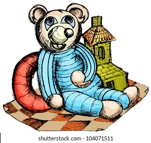 toys, doll, and miniature of house on carpet, in expressive hand drawn