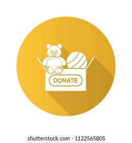 Toys donating flat design long shadow glyph icon. Charity for children. Donation box with teddy bear and ball. Vector silhouette illustration