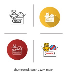 Toys donating icon. Flat design, linear and color styles. Charity for children. Donation box with teddy bear and ball. Isolated vector illustrations