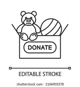 Toys donating linear icon. Thin line illustration. Charity for children. Donation box with teddy bear and ball. Contour symbol. Vector isolated outline drawing. Editable stroke