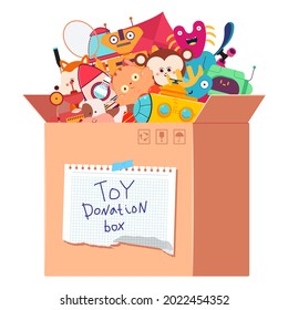 Dibujo de dibujos animados vectoriales de caja de donación de juguetes aislados en un fondo blanco.