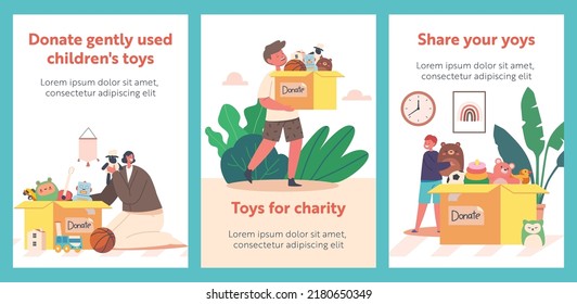 Toys Donation Cartoon Banners, Humanitarian Aid to Orphans Concept. Children and Volunteers Characters Sorting Box with Charitable Toys. Happy Kids Gratitude Sponsors for Help. Vector Posters Set