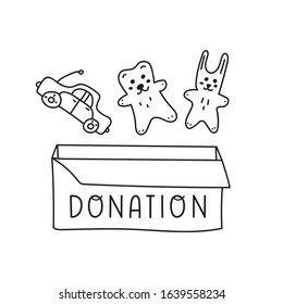Toys donation concept.  Outline hand drawn vector illustration on white background. 