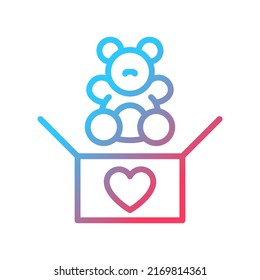 Toys Donation Gradient Linear Vector Icon. Children Charity. Providing Unwanted Stuffed Animals. Helping Kids. Thin Line Color Symbol. Modern Style Pictogram. Vector Isolated Outline Drawing