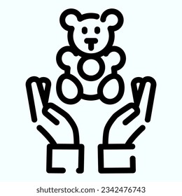 Toys donation in hands line icon. Teddy-bear in two hands vector illustration isolated on white. Hands holding toy outline style designed for and app. Eps 10.