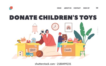 Toys Donation, Humanitarian Aid to Orphans Landing Page Template. Children and Volunteers Characters Sorting Box with Charitable Toys. Sponsors Help for Happy Kids. Cartoon People Vector Illustration
