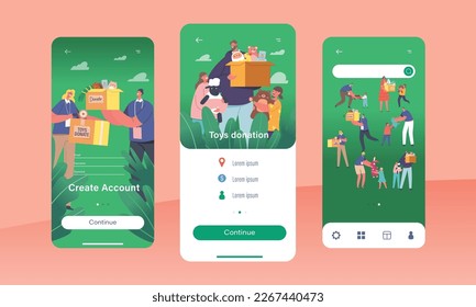 Toys Donations Mobile App Page Onboard Screen Template. Volunteers Giving Toys to Orphan Kids. Male and Female Character Help to Poor Children, Charity Concept. Cartoon People Vector Illustration