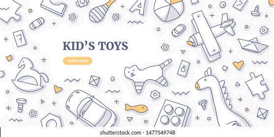 Kid’s toys doodle frame. Top view on various toys such as cars, wooden, plastic bricks and details, soft toys. Kid’s space flat lay. Space for text