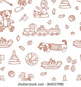 Toys doodle seamless pattern. Kids background. Endless wallpaper.