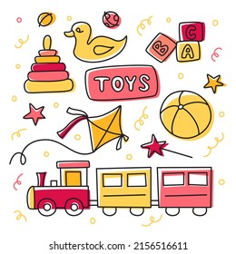 Toys doodle set. Vector hand drawn icons and design elements 