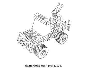Toys Drawing Design of Unique Modern Car in Monocrhome Style, using white background. Suitable for children's learning content about vehicles, automotives, transportation and machines. 