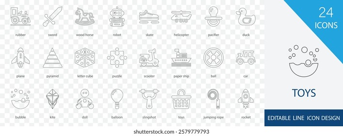 Toys editable outline icon set. wood horse, jumping rope, , skate, balloon, duck, scooter,  and more stroke design