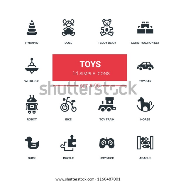 Toys - flat design style icons set. High quality\
pictograms on white background. Teddy bear, construction set,\
whirligig, pyramid, doll, car, robot, bike, train, horse duck\
puzzle joystick abacus